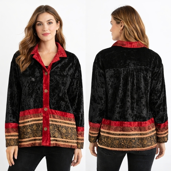 Coldwater Creek Jackets & Blazers - Vintage Coldwater Creek Velvet Patchwork Jacket Womens Medium Black Boho Whimsy